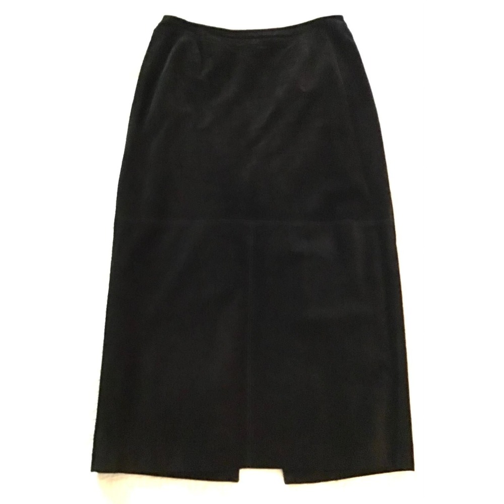 VTG Lord & Taylor Black Suede Leather 10/12 Midi Skirt Minimalist Quiet Luxury